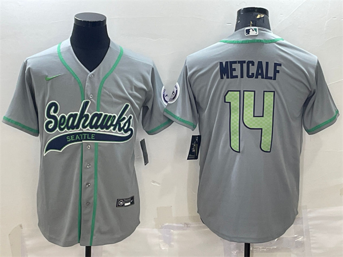 Men's Seattle Seahawks #14 DK Metcalf Grey With Patch Cool Base Stitched Baseball Jersey Men's Seattle Seahawks #14 DK Metcalf Grey With Patch Cool Base Stitched Baseball Jersey