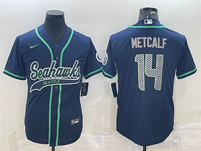 Men's Seattle Seahawks #14 DK Metcalf Navy With Patch Cool Base Stitched Baseball Jersey Men's Seattle Seahawks #14 DK Metcalf Navy With Patch Cool Base Stitched Baseball Jersey