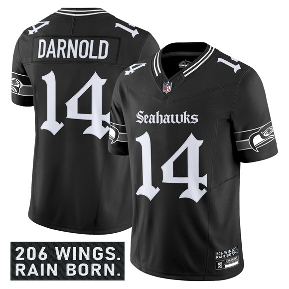 Men's Seattle Seahawks #14 Sam Darnold Black 2025 F.U.S.E. 'Gothic Rain City Shadows Edition' Vapor Limited Stitched Football Jersey Men's Seattle Seahawks #14 Sam Darnold Black 2025 F.U.S.E. 'Gothic Rain City Shadows Edition' Vapor Limited Stitched Football Jersey