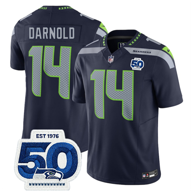 Men's Seattle Seahawks #14 Sam Darnold Navy 2025 F.U.S.E. 50th Anniversary Patch Vapor Untouchable Limited Stitched Football Jersey Men's Seattle Seahawks #14 Sam Darnold Navy 2025 F.U.S.E. 50th Anniversary Patch Vapor Untouchable Limited Stitched Football Jersey