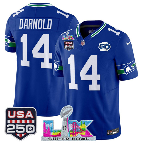 Men's Seattle Seahawks #14 Sam Darnold Royal 2025 F.U.S.E. Super Bowl LX Patch And 50th Season & USA 250' Patch Vapor Throwback Limited Stitched Football Jersey