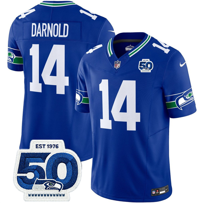 Men's Seattle Seahawks #14 Sam Darnold Royal 2025 F.U.S.E 50th Anniversary Patch Throwback Vapor Limited Stitched Football Jersey Men's Seattle Seahawks #14 Sam Darnold Royal 2025 F.U.S.E 50th Anniversary Patch Throwback Vapor Limited Stitched Football Jersey