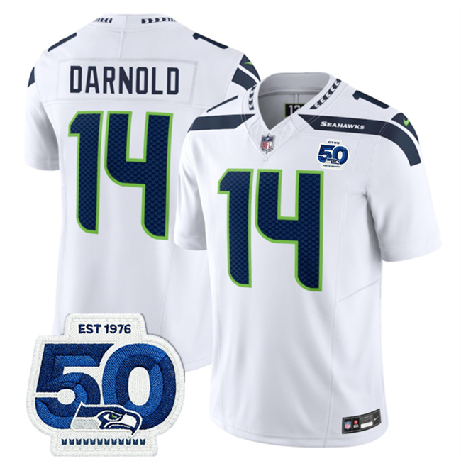 Men's Seattle Seahawks #14 Sam Darnold White 2025 F.U.S.E. 50th Anniversary Patch Vapor Untouchable Limited Stitched Football Jersey Men's Seattle Seahawks #14 Sam Darnold White 2025 F.U.S.E. 50th Anniversary Patch Vapor Untouchable Limited Stitched Football Jersey