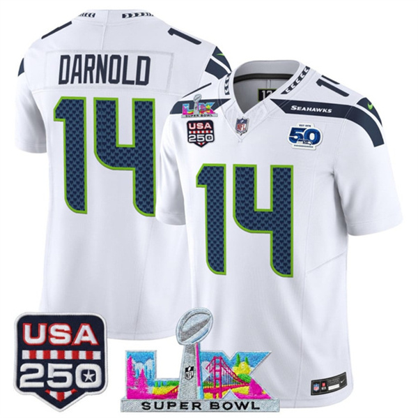 Men's Seattle Seahawks #14 Sam Darnold White 2025 F.U.S.E. Super Bowl LX Patch And 50th Season & USA 250' Patch Vapor Limited Football Stitched Jersey