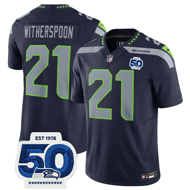 Men's Seattle Seahawks #21 Devon Witherspoon Navy 2025 F.U.S.E. 50th Anniversary Patch Vapor Untouchable Limited Stitched Football Jersey Men's Seattle Seahawks #21 Devon Witherspoon Navy 2025 F.U.S.E. 50th Anniversary Patch Vapor Untouchable Limited Stitched Football Jersey