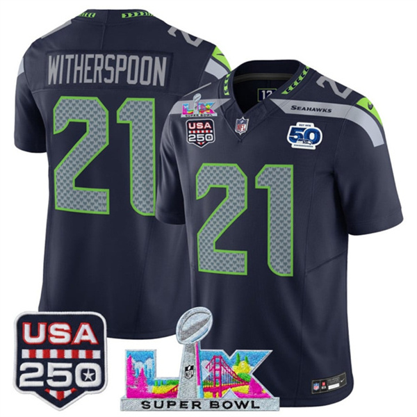 Men's Seattle Seahawks #21 Devon Witherspoon Navy 2025 F.U.S.E. Super Bowl LX Patch And 50th Season & USA 250' Patch Vapor Limited Football Stitched Jersey