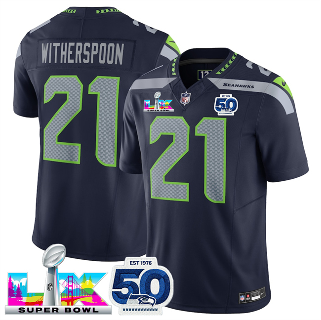 Men's Seattle Seahawks #21 Devon Witherspoon Navy 2025 F.U.S.E. Super Bowl LX Patch And 50th Season Patch Vapor Limited Stitched Football Jersey