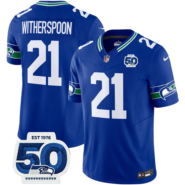 Men's Seattle Seahawks #21 Devon Witherspoon Royal 2025 F.U.S.E 50th Anniversary Patch Throwback Vapor Limited Stitched Football Jersey Men's Seattle Seahawks #21 Devon Witherspoon Royal 2025 F.U.S.E 50th Anniversary Patch Throwback Vapor Limited Stitched Football Jersey