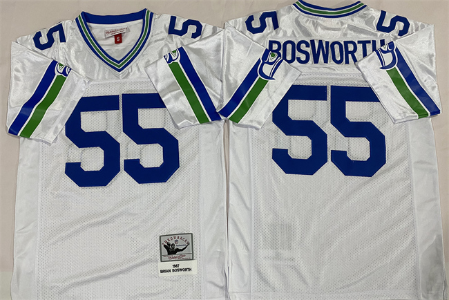 Men's Seattle Seahawks #55 Brian Bosworth White Throwback Stitched Football Jersey Men's Seattle Seahawks #55 Brian Bosworth White Throwback Stitched Football Jersey