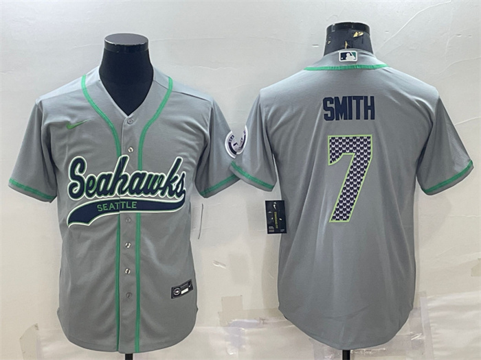 Men's Seattle Seahawks #7 Geno Smith Grey With Patch Cool Base Stitched Baseball Jersey Men's Seattle Seahawks #7 Geno Smith Grey With Patch Cool Base Stitched Baseball Jersey
