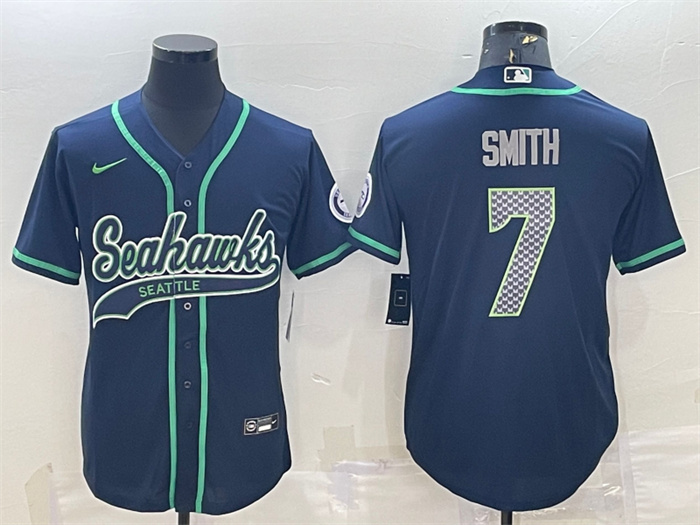 Men's Seattle Seahawks #7 Geno Smith Navy With Patch Cool Base Stitched Baseball Jersey Men's Seattle Seahawks #7 Geno Smith Navy With Patch Cool Base Stitched Baseball Jersey