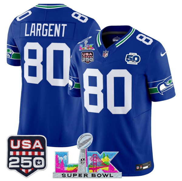 Men's Seattle Seahawks #80 Steve Largent Royal 2025 F.U.S.E. Super Bowl LX Patch And 50th Season & USA 250' Patch Vapor Throwback Limited Stitched Football Jersey