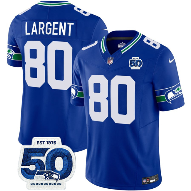 Men's Seattle Seahawks #80 Steve Largent Royal 2025 F.U.S.E 50th Anniversary Patch Throwback Vapor Limited Stitched Football Jersey Men's Seattle Seahawks #80 Steve Largent Royal 2025 F.U.S.E 50th Anniversary Patch Throwback Vapor Limited Stitched Football Jersey