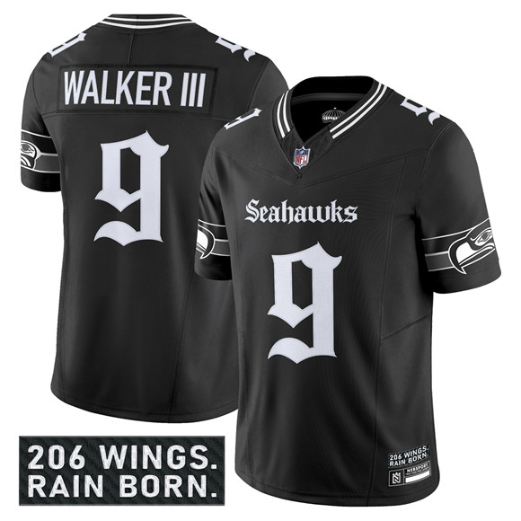Men's Seattle Seahawks #9 Kenneth Walker III Black 2025 F.U.S.E. 'Gothic Rain City Shadows Edition' Vapor Limited Stitched Football Jersey Men's Seattle Seahawks #9 Kenneth Walker III Black 2025 F.U.S.E. 'Gothic Rain City Shadows Edition' Vapor Limited Stitched Football Jersey