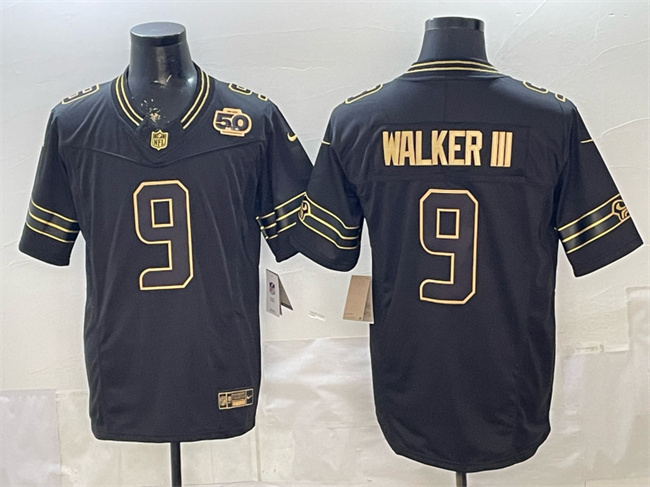 Men's Seattle Seahawks #9 Kenneth Walker III Black Gold 2025 F.U.S.E. 50th Season Patch Vapor Limited Stitched Football Jersey