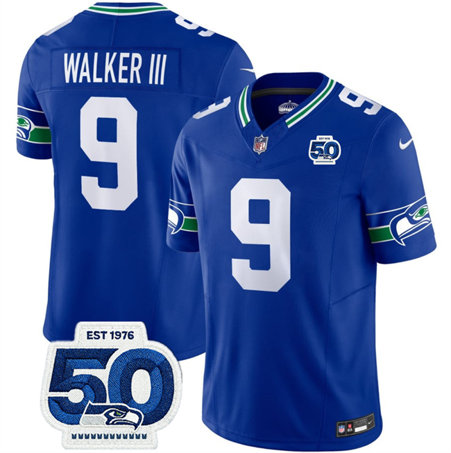 Men's Seattle Seahawks #9 Kenneth Walker III Royal 2025 F.U.S.E 50th Anniversary Patch Throwback Vapor Limited Stitched Football Jersey Men's Seattle Seahawks #9 Kenneth Walker III Royal 2025 F.U.S.E 50th Anniversary Patch Throwback Vapor Limited Stitched Football Jersey
