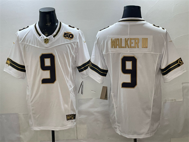 Men's Seattle Seahawks #9 Kenneth Walker III White Gold 2025 F.U.S.E. 50th Season Patch Vapor Limited Stitched Football Jersey
