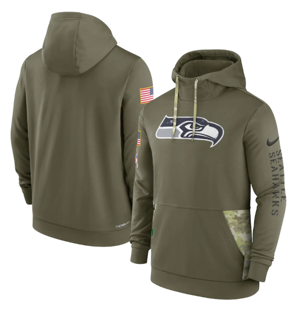 Men's Seattle Seahawks 2022 Olive Salute To Service Therma Performance Pullover Hoodie