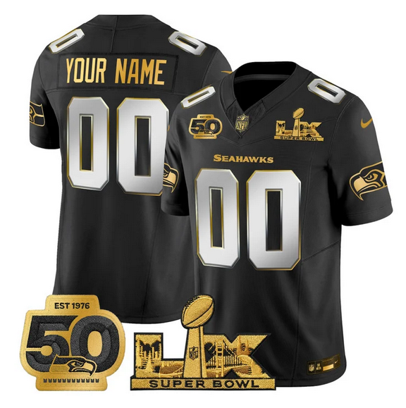 Men's Seattle Seahawks Active Player Custom Black 2025 F.U.S.E. Super Bowl LX Patch And 50th Season Patch Vapor Limited Stitched Football Jersey