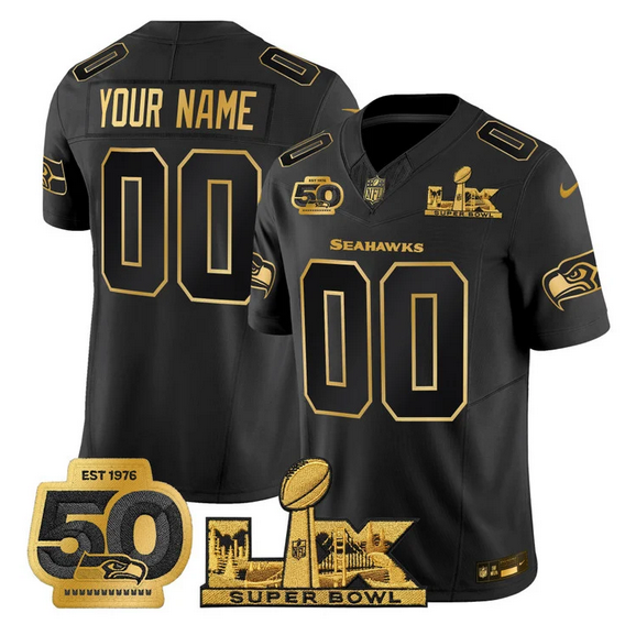 Men's Seattle Seahawks Active Player Custom Black Gold 2025 F.U.S.E. Super Bowl LX Patch And 50th Season Patch Vapor Limited Stitched Football Jersey