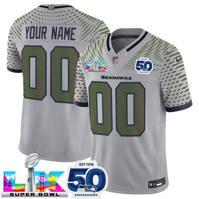 Men's Seattle Seahawks Active Player Custom Grey 2025 F.U.S.E. Super Bowl LX Patch And 50th Season Patch “Rivalries” Vapor Limited Stitched Football Jersey