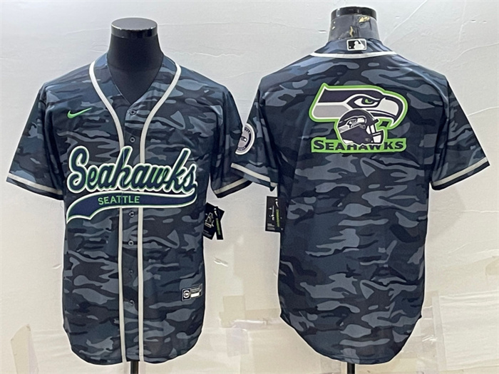 Men's Seattle Seahawks Grey Camo Team Big Logo With Patch Cool Base Stitched Baseball Jersey Men's Seattle Seahawks Grey Camo Team Big Logo With Patch Cool Base Stitched Baseball Jersey