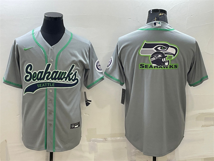 Men's Seattle Seahawks Grey Team Big Logo With Patch Cool Base Stitched Baseball Jersey Men's Seattle Seahawks Grey Team Big Logo With Patch Cool Base Stitched Baseball Jersey