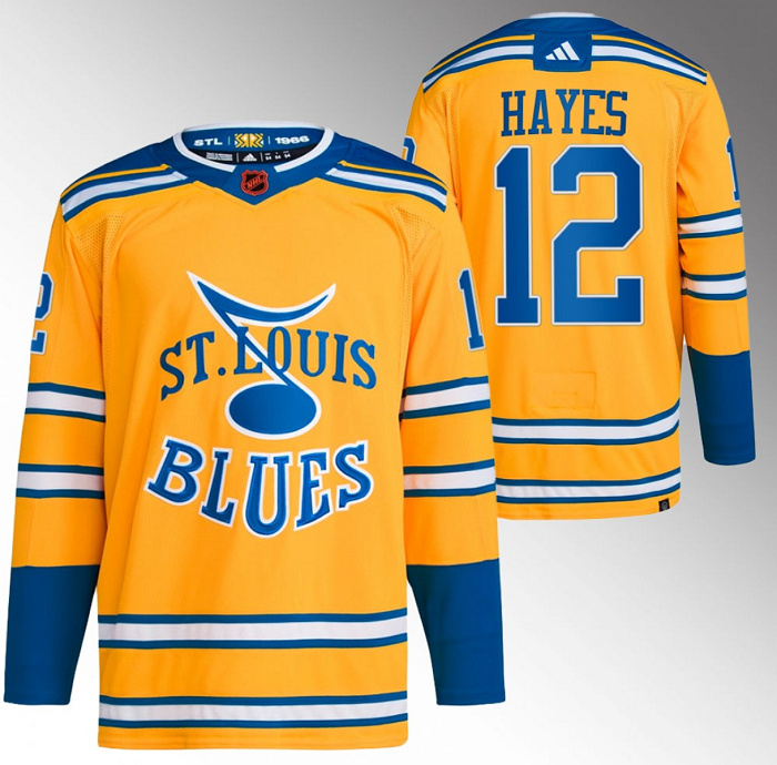 Men's St. Louis Blues #12 Kevin Hayes Yellow 2022-23 Reverse Retro Stitched Jersey Men's St. Louis Blues #12 Kevin Hayes Yellow 2022-23 Reverse Retro Stitched Jersey