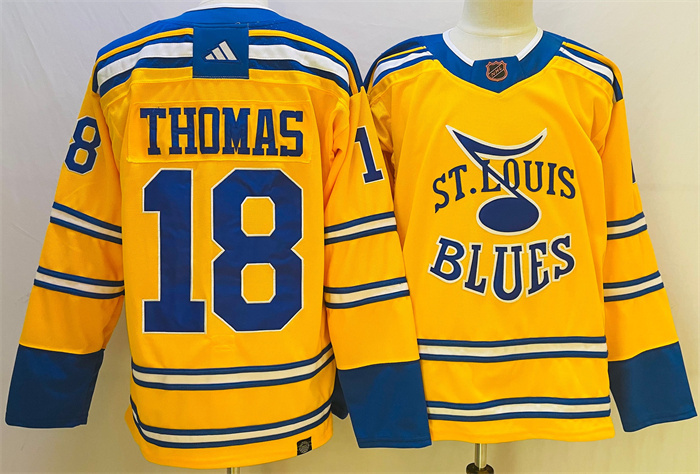 Men's St. Louis Blues #18 Robert Thomas Yellow 2022-23 Reverse Retro Stitched Jersey Men's St. Louis Blues #18 Robert Thomas Yellow 2022-23 Reverse Retro Stitched Jersey