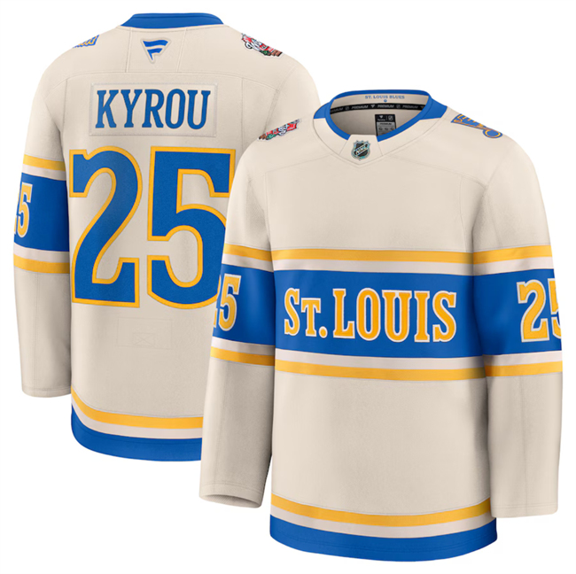Men's St. Louis Blues #25 Jordan Kyrou Cream 2024-25 Winter Classic Stitched Hockey Jersey Men's St. Louis Blues #25 Jordan Kyrou Cream 2024-25 Winter Classic Stitched Hockey Jersey