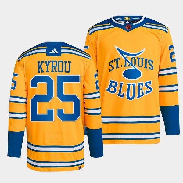 Men's St. Louis Blues #25 Jordan Kyrou Yellow 2022-23 Reverse Retro Stitched Jersey Men's St. Louis Blues #25 Jordan Kyrou Yellow 2022-23 Reverse Retro Stitched Jersey