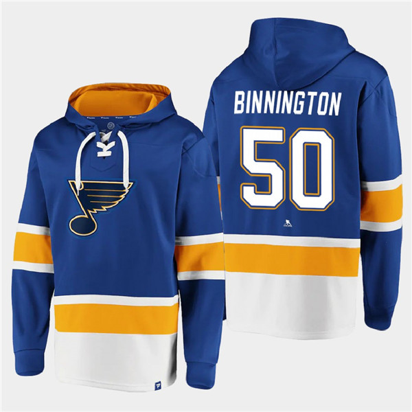 Men's St. Louis Blues #50 Jordan Binnington Blue Ageless Must-Have Lace-Up Pullover Hoodie Men's St. Louis Blues #50 Jordan Binnington Blue Ageless Must-Have Lace-Up Pullover Hoodie