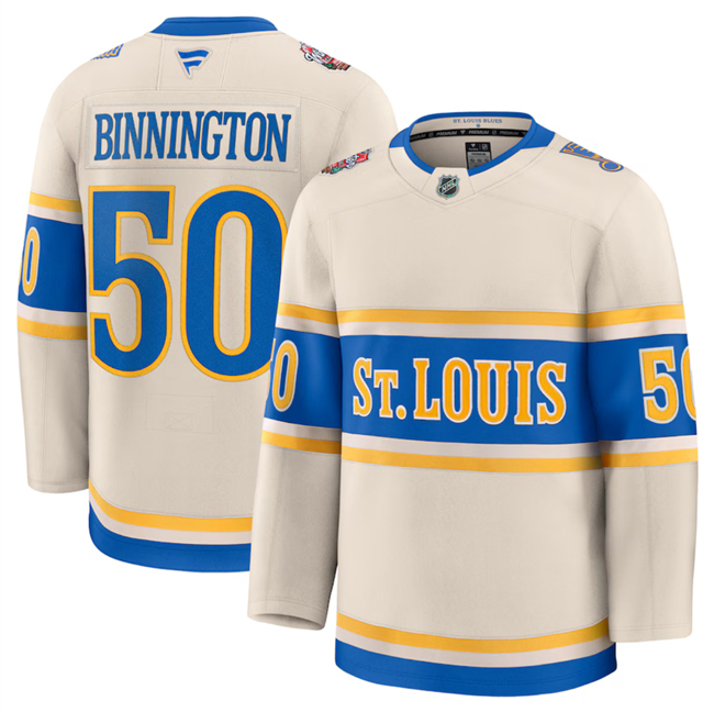 Men's St. Louis Blues #50 Jordan Binnington Cream 2024-25 Winter Classic Stitched Hockey Jersey Men's St. Louis Blues #50 Jordan Binnington Cream 2024-25 Winter Classic Stitched Hockey Jersey