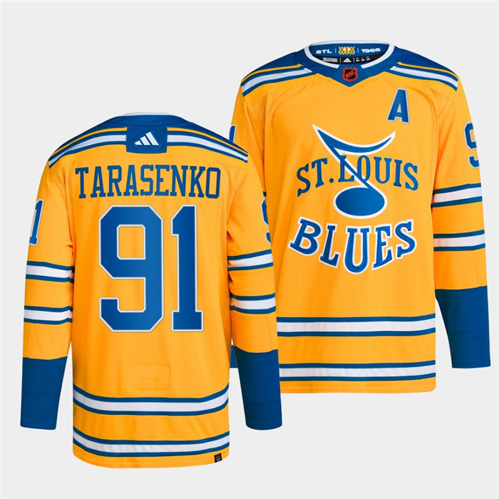 Men's St. Louis Blues #91 Vladimir Tarasenko Yellow 2022-23 Reverse Retro Stitched Jersey Men's St. Louis Blues #91 Vladimir Tarasenko Yellow 2022-23 Reverse Retro Stitched Jersey