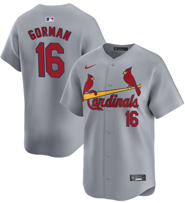 Men's St. Louis Cardinals #16 Nolan Gorman Grey 2024 Away Limited Stitched Baseball Jersey Men's St. Louis Cardinals #16 Nolan Gorman Grey 2024 Away Limited Stitched Baseball Jersey