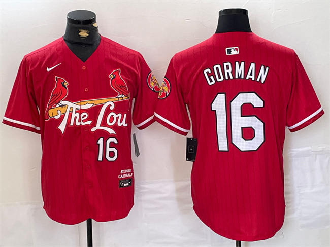Men's St. Louis Cardinals #16 Nolan Gorman Red 2024 City Connect Stitched Baseball Jersey Men's St. Louis Cardinals #16 Nolan Gorman Red 2024 City Connect Stitched Baseball Jersey
