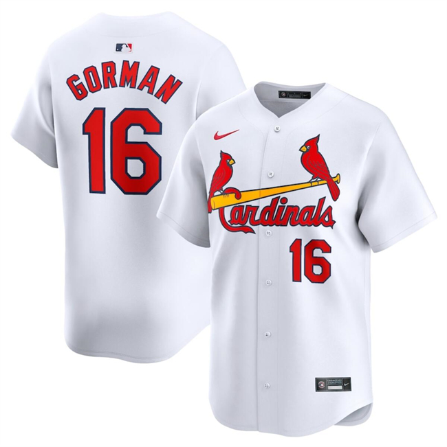 Men's St. Louis Cardinals #16 Nolan Gorman White 2024 Home Limited Stitched Baseball Jersey Men's St. Louis Cardinals #16 Nolan Gorman White 2024 Home Limited Stitched Baseball Jersey