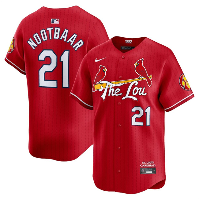 Men's St. Louis Cardinals #21 Lars Nootbaar Red 2024 City Connect Limited Stitched Baseball Jersey Men's St. Louis Cardinals #21 Lars Nootbaar Red 2024 City Connect Limited Stitched Baseball Jersey