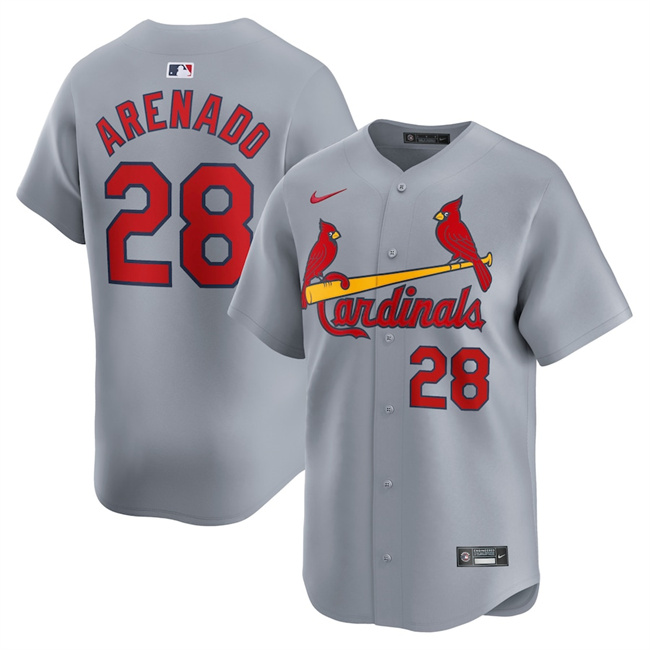 Men's St. Louis Cardinals #28 Nolan Arenado Grey 2024 Away Limited Stitched Baseball Jersey Men's St. Louis Cardinals #28 Nolan Arenado Grey 2024 Away Limited Stitched Baseball Jersey