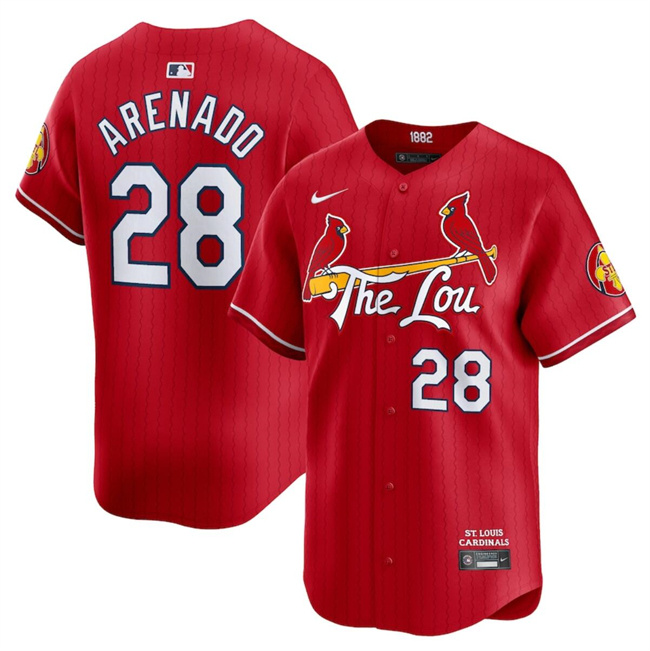 Men's St. Louis Cardinals #28 Nolan Arenado Red 2024 City Connect Limited Stitched Baseball Jersey Men's St. Louis Cardinals #28 Nolan Arenado Red 2024 City Connect Limited Stitched Baseball Jersey