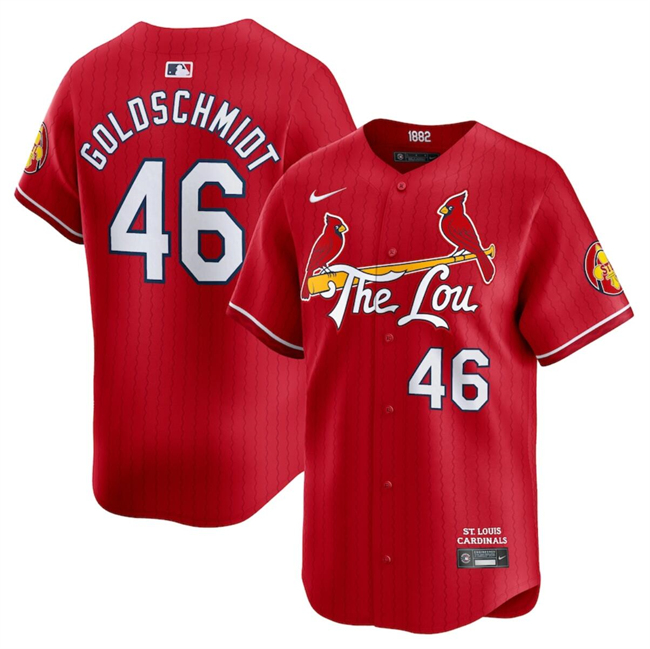 Men's St. Louis Cardinals #46 Paul Goldschmidt Red 2024 City Connect Limited Stitched Baseball Jersey Men's St. Louis Cardinals #46 Paul Goldschmidt Red 2024 City Connect Limited Stitched Baseball Jersey