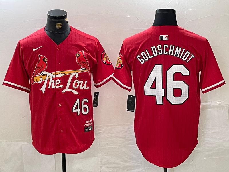 Men's St. Louis Cardinals #46 Paul Goldschmidt Red 2024 City Connect Stitched Baseball Jersey 1 Men's St. Louis Cardinals #46 Paul Goldschmidt Red 2024 City Connect Stitched Baseball Jersey 1