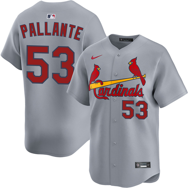 Men's St. Louis Cardinals #53 Andre Pallante Grey 2024 Away Limited Stitched Baseball Jersey Men's St. Louis Cardinals #53 Andre Pallante Grey 2024 Away Limited Stitched Baseball Jersey