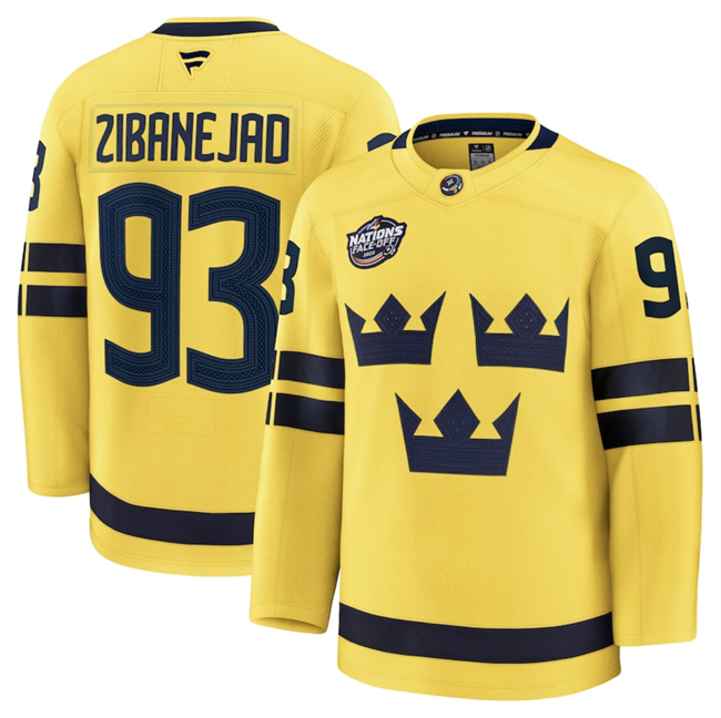 Men's Sweden #93 Mika Zibanejad Yellow 2025 4 Nations Face-Off Premium Stitched Jersey Men's Sweden #93 Mika Zibanejad Yellow 2025 4 Nations Face-Off Premium Stitched Jersey