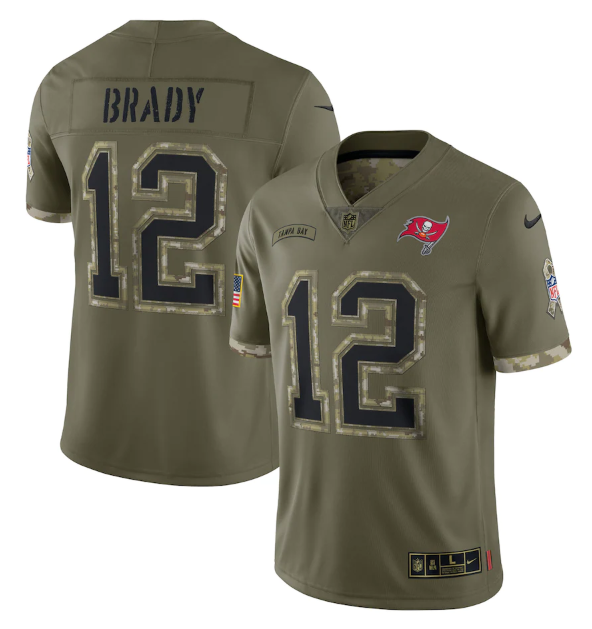Men's Tampa Bay Buccaneers #12 Tom Brady Olive 2022 Salute To Service Limited Stitched Jersey Men's Tampa Bay Buccaneers #12 Tom Brady Olive 2022 Salute To Service Limited Stitched Jersey