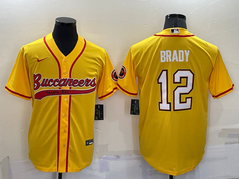 Men's Tampa Bay Buccaneers #12 Tom Brady Yellow Cool Base Stitched Baseball Jersey Men's Tampa Bay Buccaneers #12 Tom Brady Yellow Cool Base Stitched Baseball Jersey