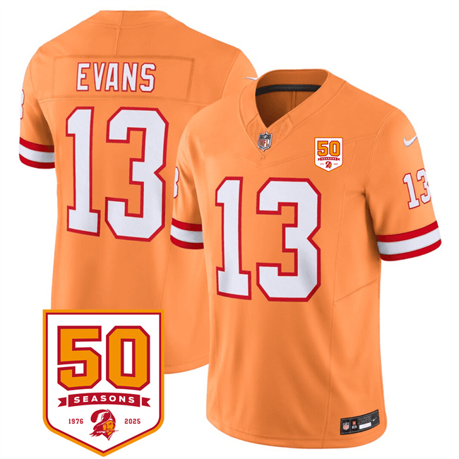 Men's Tampa Bay Buccaneers #13 Mike Evans Orange 2025 F.U.S.E. 50th Anniversary Patch Vapor Limited Stitched Jersey Men's Tampa Bay Buccaneers #13 Mike Evans Orange 2025 F.U.S.E. 50th Anniversary Patch Vapor Limited Stitched Jersey