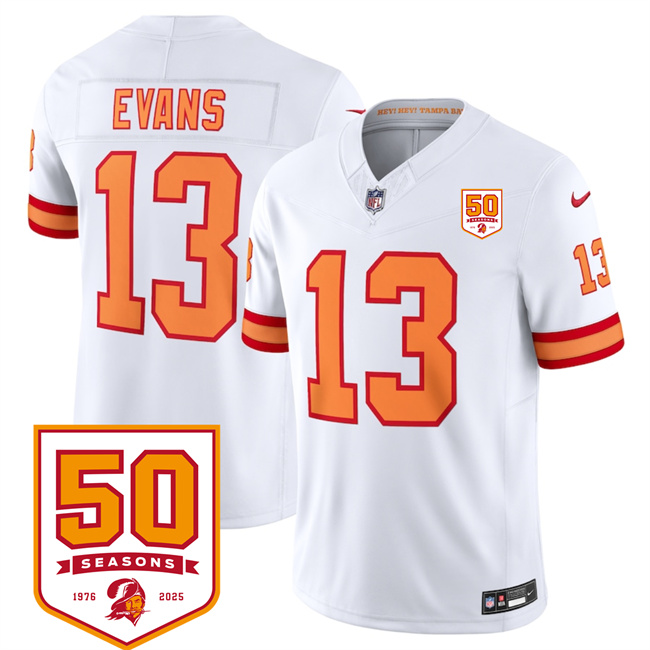 Men's Tampa Bay Buccaneers #13 Mike Evans White 2025 F.U.S.E. 50th Anniversary Patch Vapor Limited Stitched Jersey Men's Tampa Bay Buccaneers #13 Mike Evans White 2025 F.U.S.E. 50th Anniversary Patch Vapor Limited Stitched Jersey