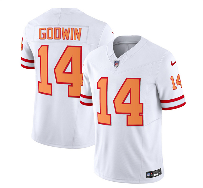 Men's Tampa Bay Buccaneers #14 Chris Godwin 2023 F.U.S.E. White Throwback Limited Stitched Jersey Men's Tampa Bay Buccaneers #14 Chris Godwin 2023 F.U.S.E. White Throwback Limited Stitched Jersey