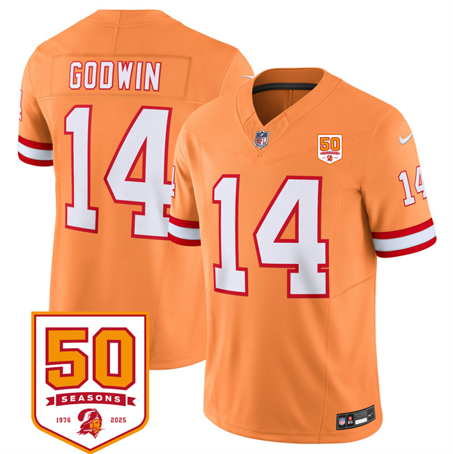 Men's Tampa Bay Buccaneers #14 Chris Godwin Orange 2025 F.U.S.E. 50th Anniversary Patch Vapor Limited Stitched Jersey Men's Tampa Bay Buccaneers #14 Chris Godwin Orange 2025 F.U.S.E. 50th Anniversary Patch Vapor Limited Stitched Jersey